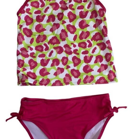 Lily & Dan Girls 2 Piece Swim Set Large Top & Bottom Green pink Tropical NEW - Picture 3 of 9